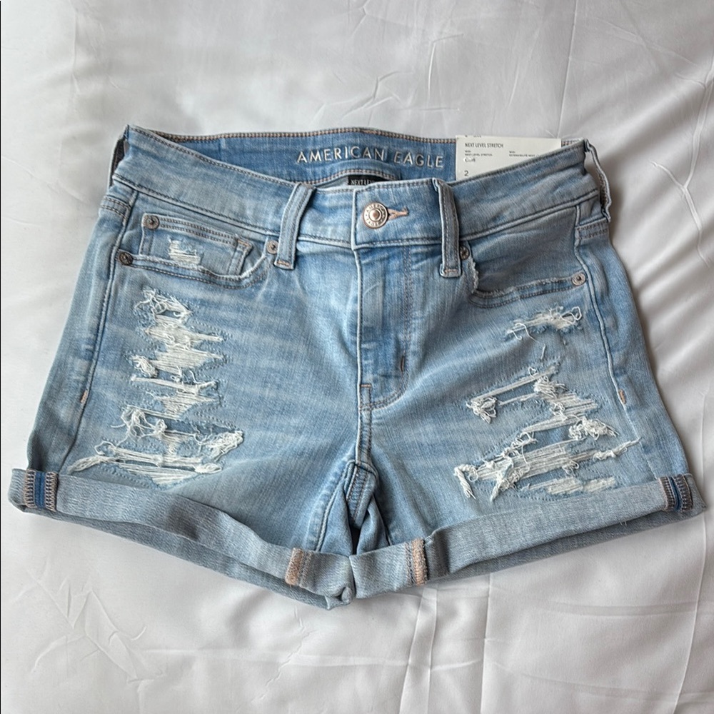 American Eagle Outfitters Women's Light Blue Distressed Denim Shorts